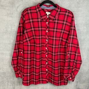 Talbots Top Womens 3X Red Plaid Metallic Button Down Long Sleeve Holiday Western